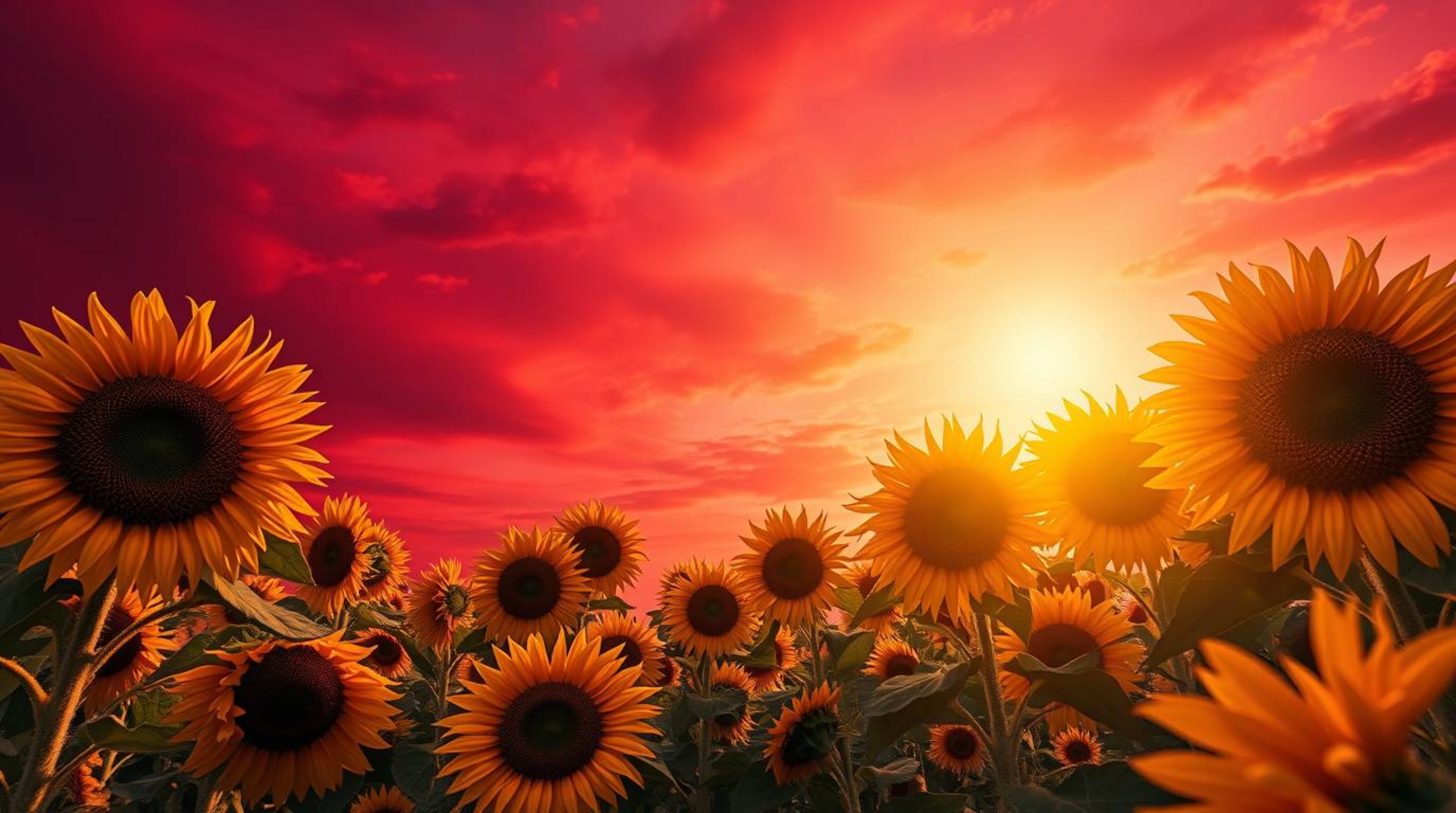 Experience the vibrant beauty of a sunflower field under a mesmerizing deep red and purple sky.  Captured from a low-angle pe