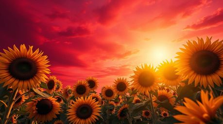 Experience the vibrant beauty of a sunflower field under a mesmerizing deep red and purple sky.  Captured from a low-angle pe