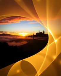 Graceful and elegant artistic lighting creates abstract patterns in a creative light art piece depicting a sunset over misty 