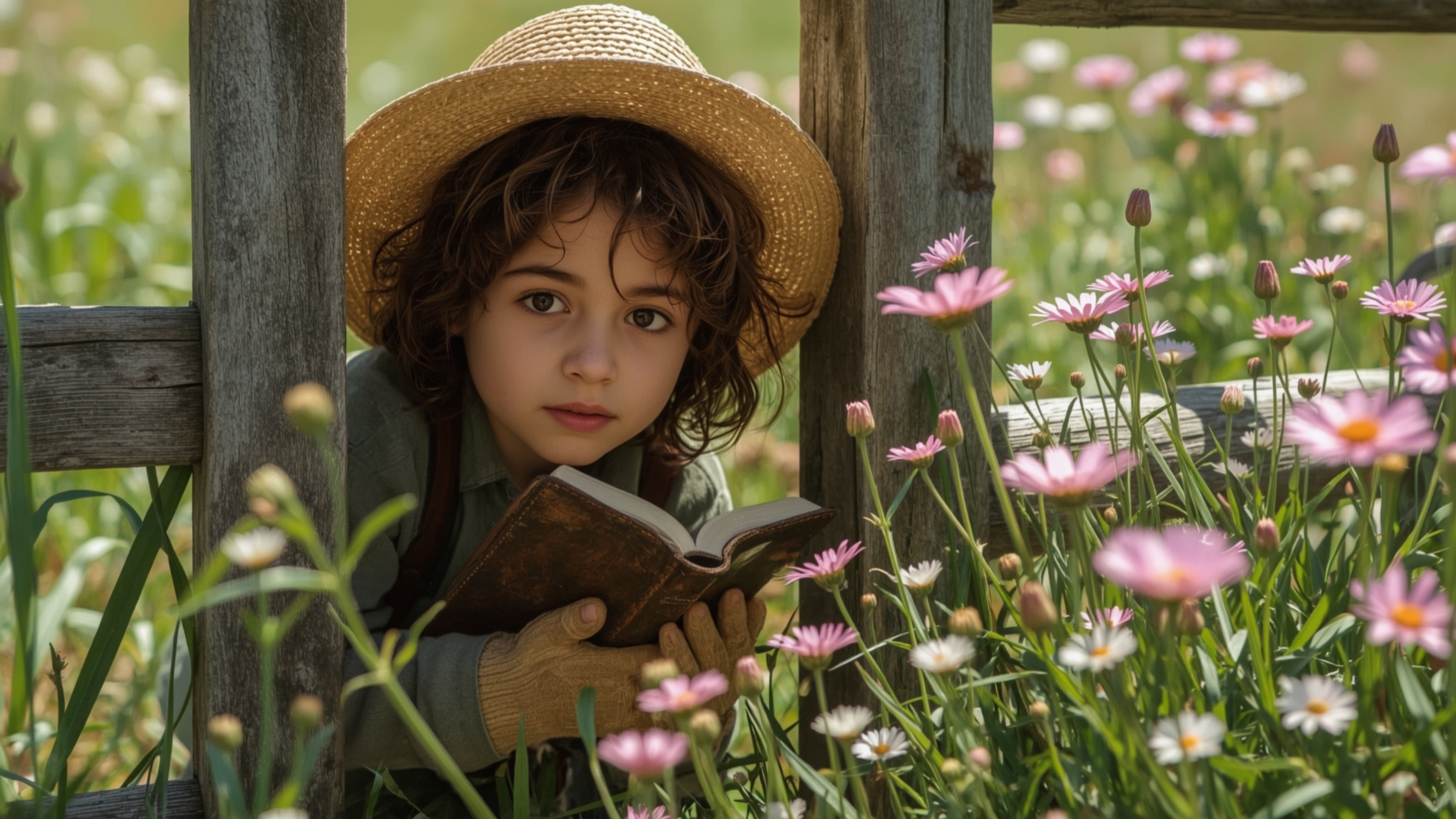 A highly detailed, high-resolution stock photo shows a gentle-looking young homeschooler with a straw hat and gardening glove