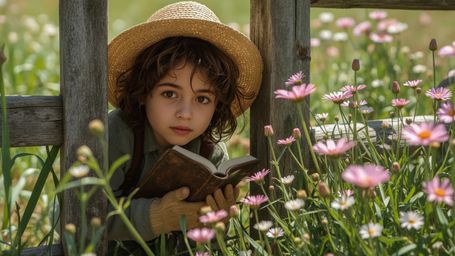 A highly detailed, high-resolution stock photo shows a gentle-looking young homeschooler with a straw hat and gardening glove
