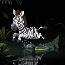 A delightful 3D cartoon captures a zebra's daring escape from a crocodile in a lush jungle environment. The zebra's charming 