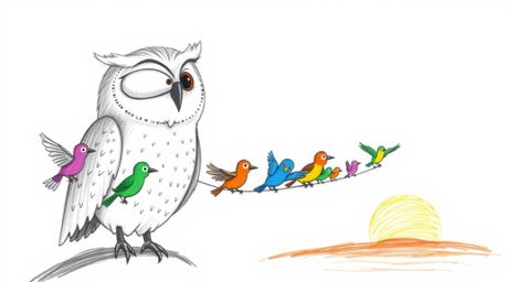 A heartwarming hand-drawn sketch in the style of Pixar depicts a gentle, blind owl with soft feathers teaching a classroom of
