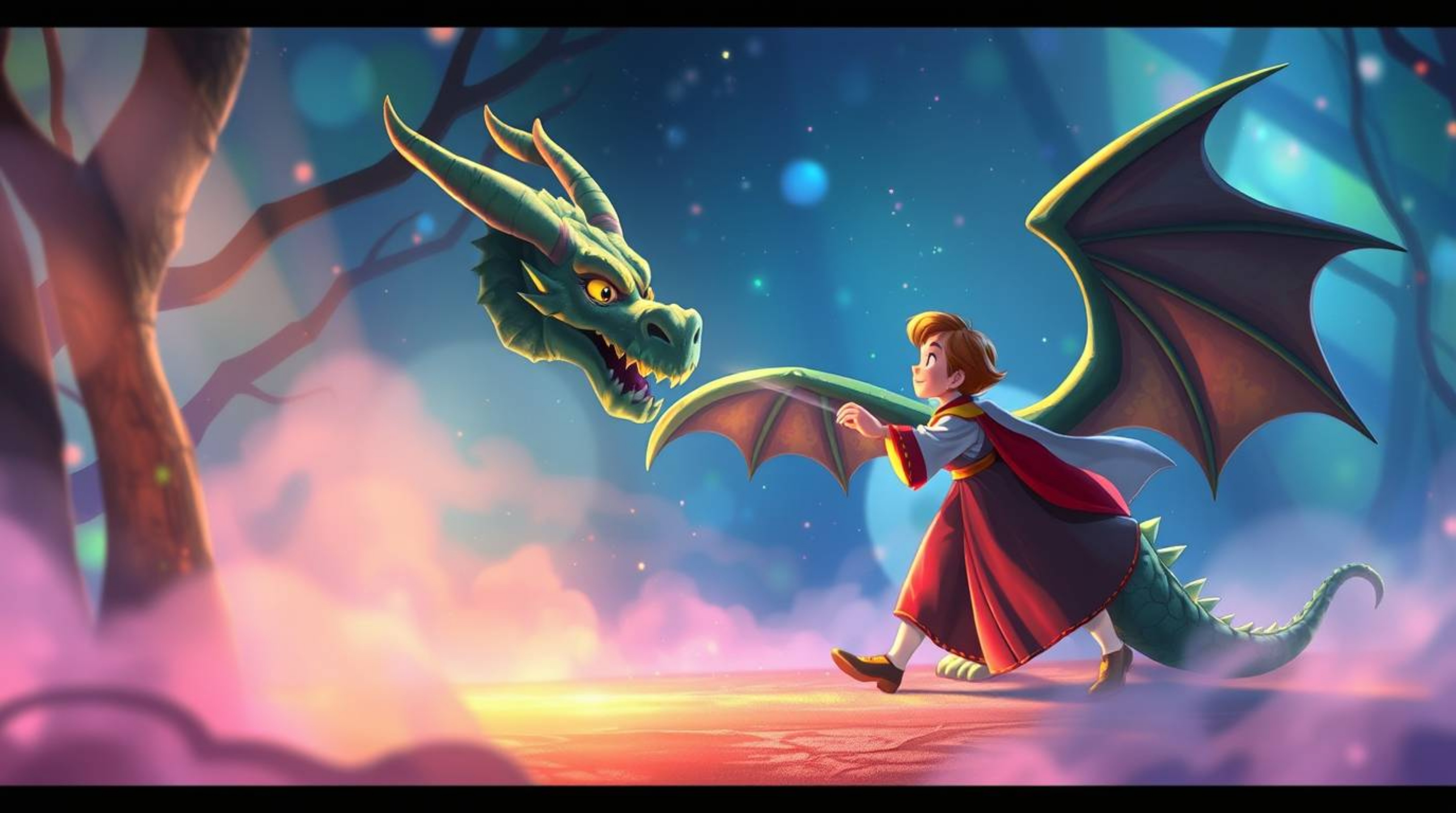 Experience a dreamlike and ethereal battle where a charming prince confronts a dragon in a mystic, enchanting environment.  R