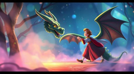 Experience a dreamlike and ethereal battle where a charming prince confronts a dragon in a mystic, enchanting environment.  R