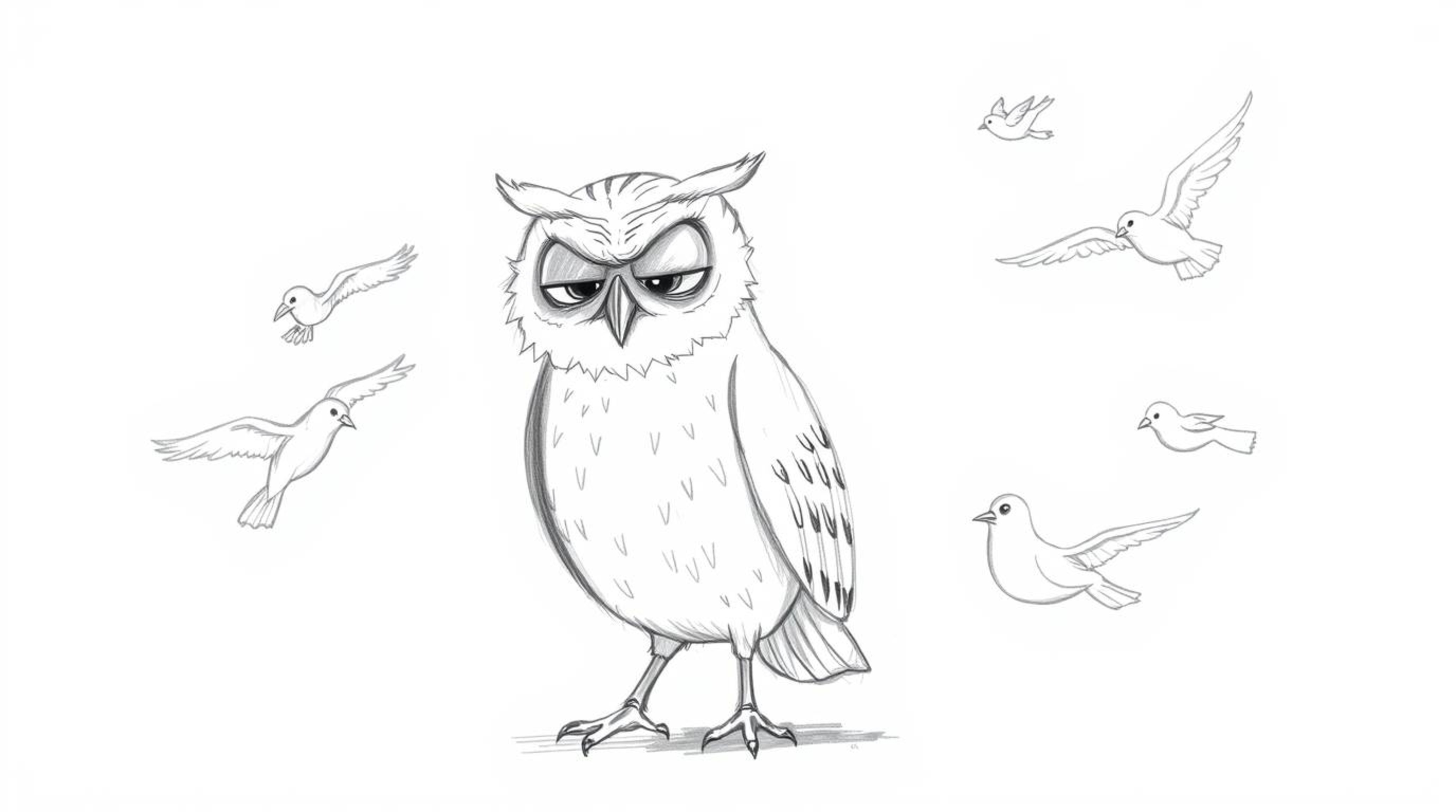 A heartwarming hand-drawn sketch depicts a wise, old, and blind owl with wrinkled features and a gentle expression, utilizing