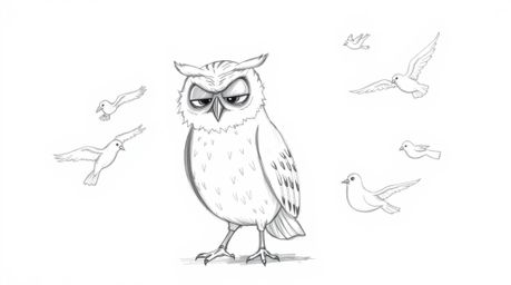 A heartwarming hand-drawn sketch depicts a wise, old, and blind owl with wrinkled features and a gentle expression, utilizing