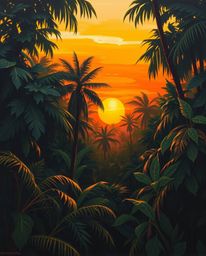 Classic oil painting depicting a sunset through a dense jungle canopy, utilizing a distinct split composition, bold areas of 