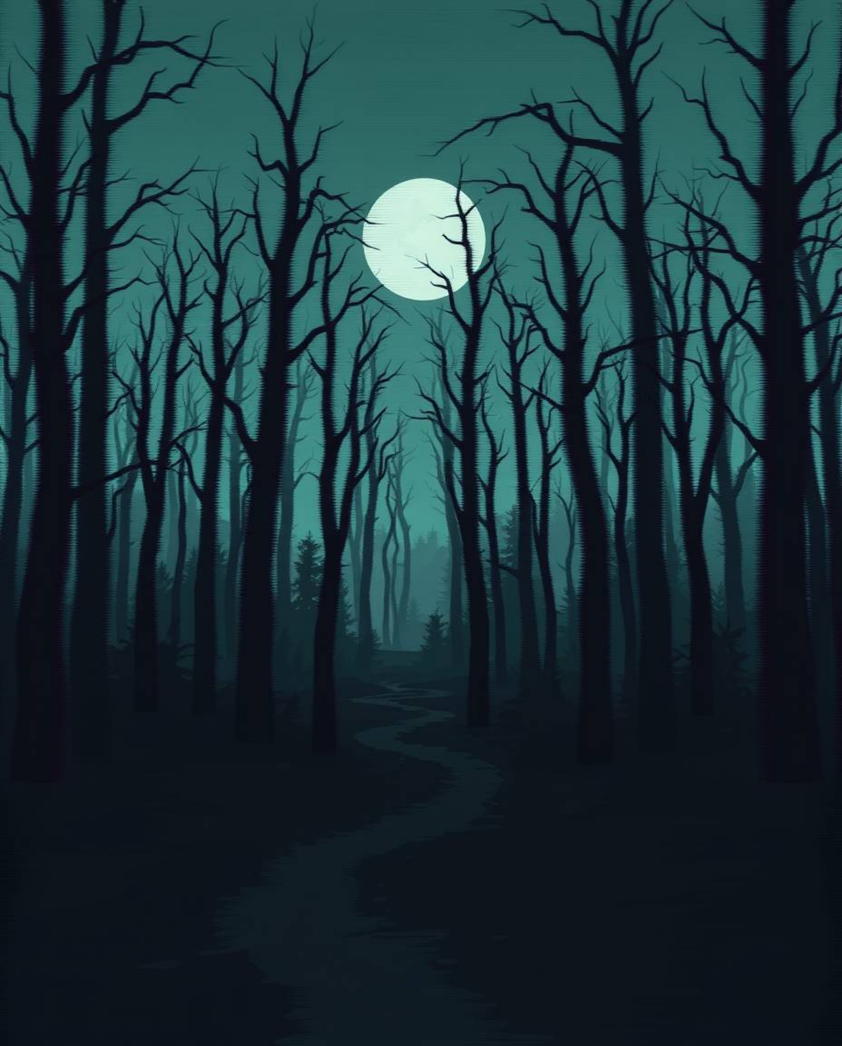 A modern flat design featuring a digital glitch effect applied to a dark and eerie forest scene.  The image utilizes dark ton