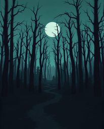 A modern flat design featuring a digital glitch effect applied to a dark and eerie forest scene.  The image utilizes dark ton
