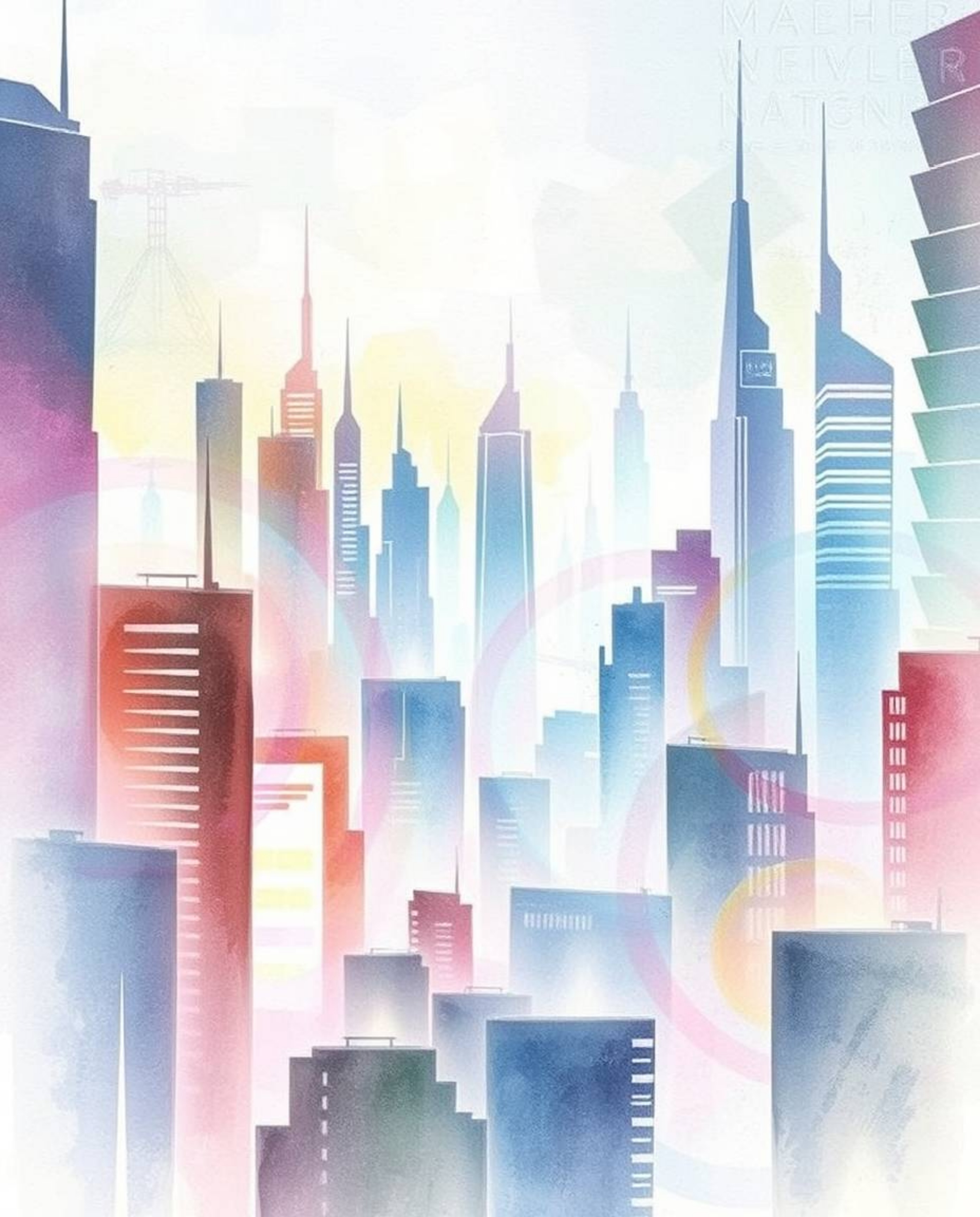 A delicate watercolor painting depicts a futuristic city experiencing a glitch. Flickering lights and broken holograms are re