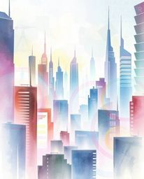 A delicate watercolor painting depicts a futuristic city experiencing a glitch. Flickering lights and broken holograms are re