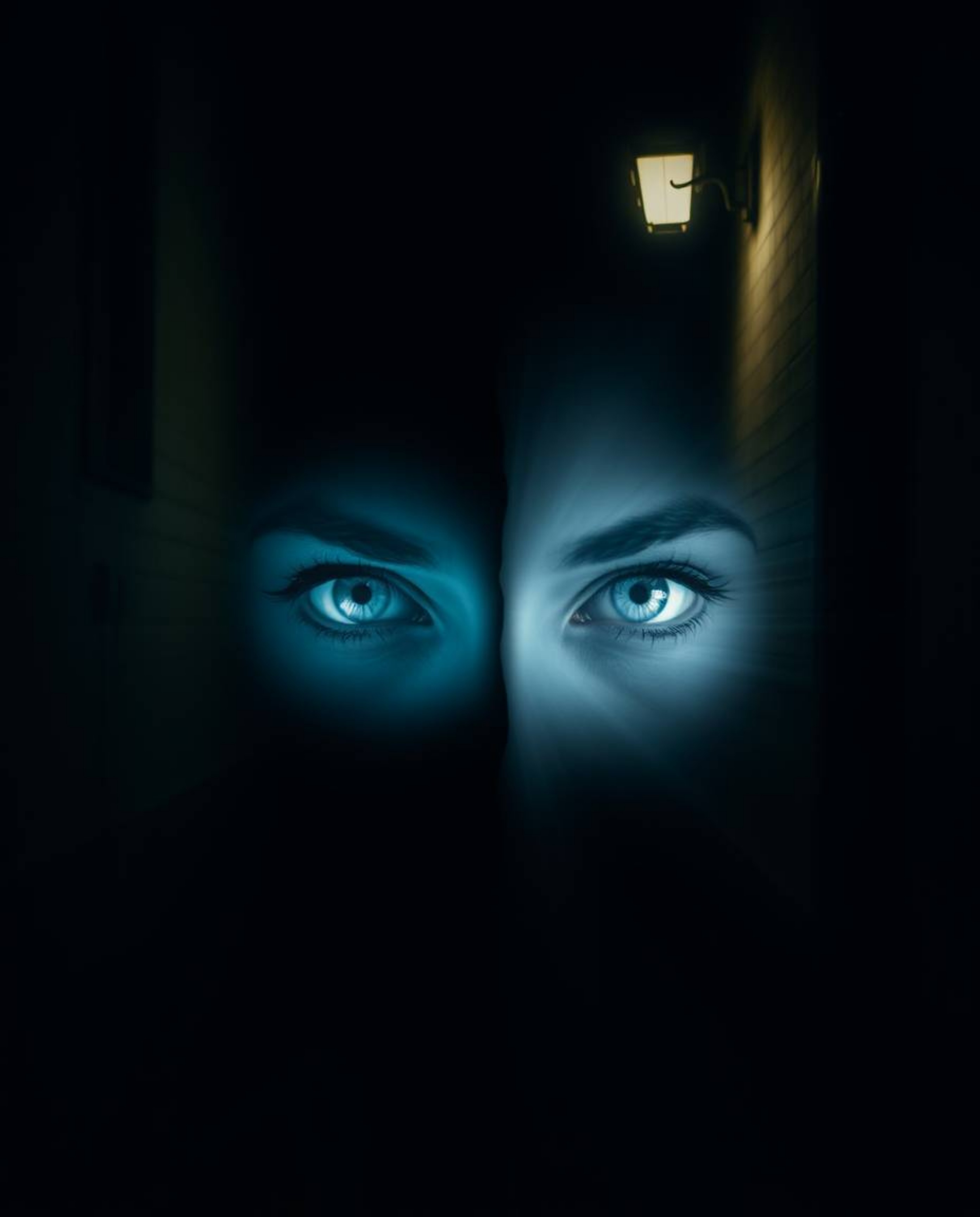A captivating and spiritual image presents a distinct split, showcasing eyes intently watching from the shadows of a night al