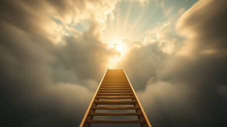 A captivating long-exposure photograph showcases a golden staircase ascending through dramatic, hazy clouds towards a radiant