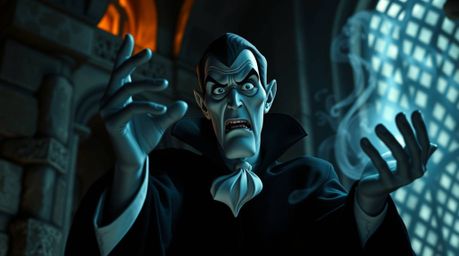 A high-resolution stock photo depicts a classic Disney villain with sharp features and pale skin, conjuring a spell within th