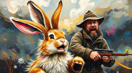 A bold acrylic painting depicts a wacky rabbit with mismatched fur and a hunter locked in a chase amidst intense dramatic wea