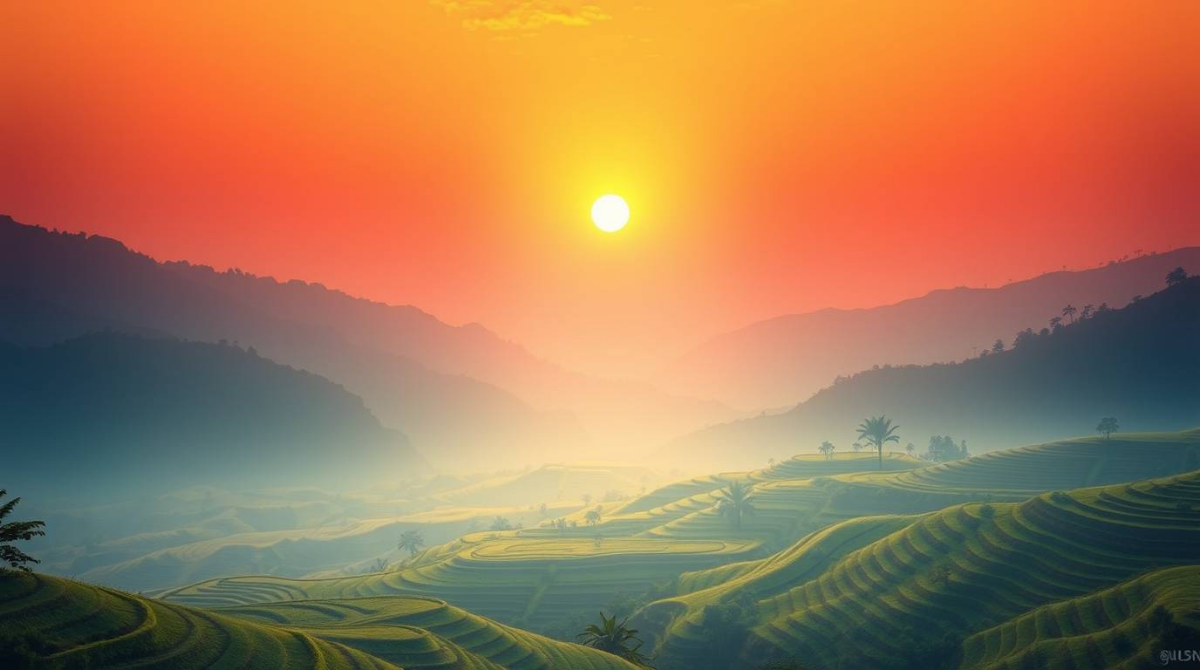 A cinematic digital painting depicting a hazy sunset over mountainous rice terraces. The artwork features vibrant, complement