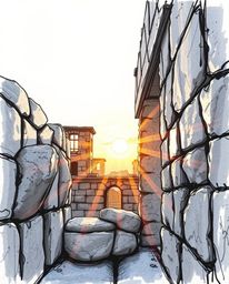 An extreme macro close-up hand-drawn sketch depicts a sunset casting shadows through ancient stone ruins. Created in a color 