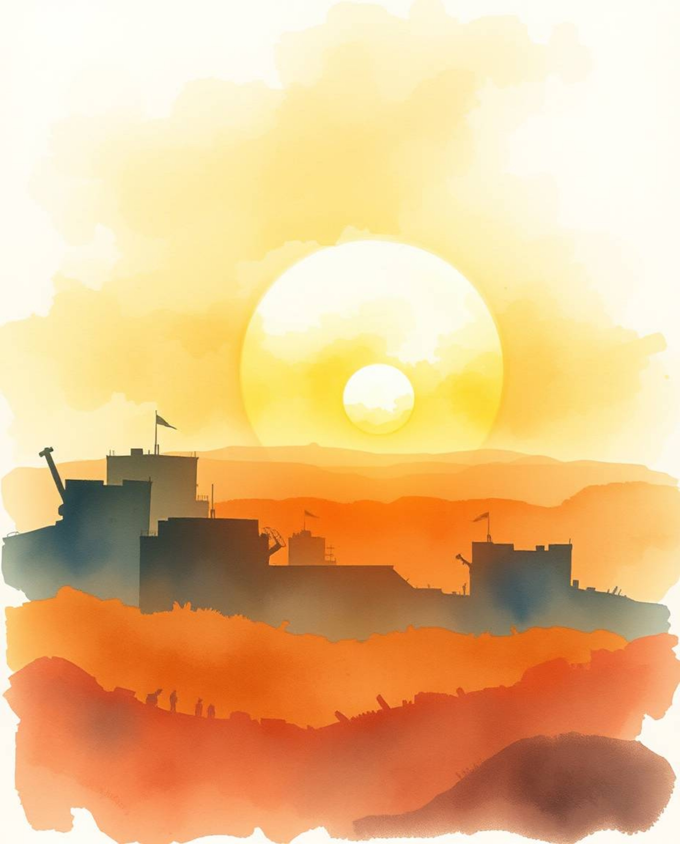 A delicate watercolor painting captures the soft golden hour light of a sunrise over a war-torn landscape.  Translucent washe