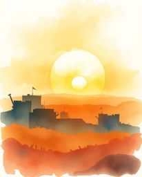 A delicate watercolor painting captures the soft golden hour light of a sunrise over a war-torn landscape.  Translucent washe