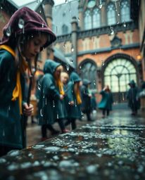 Experience the magic of a young wizards' school in extreme macro close-up, where the details of a wet, rainy day come alive. 