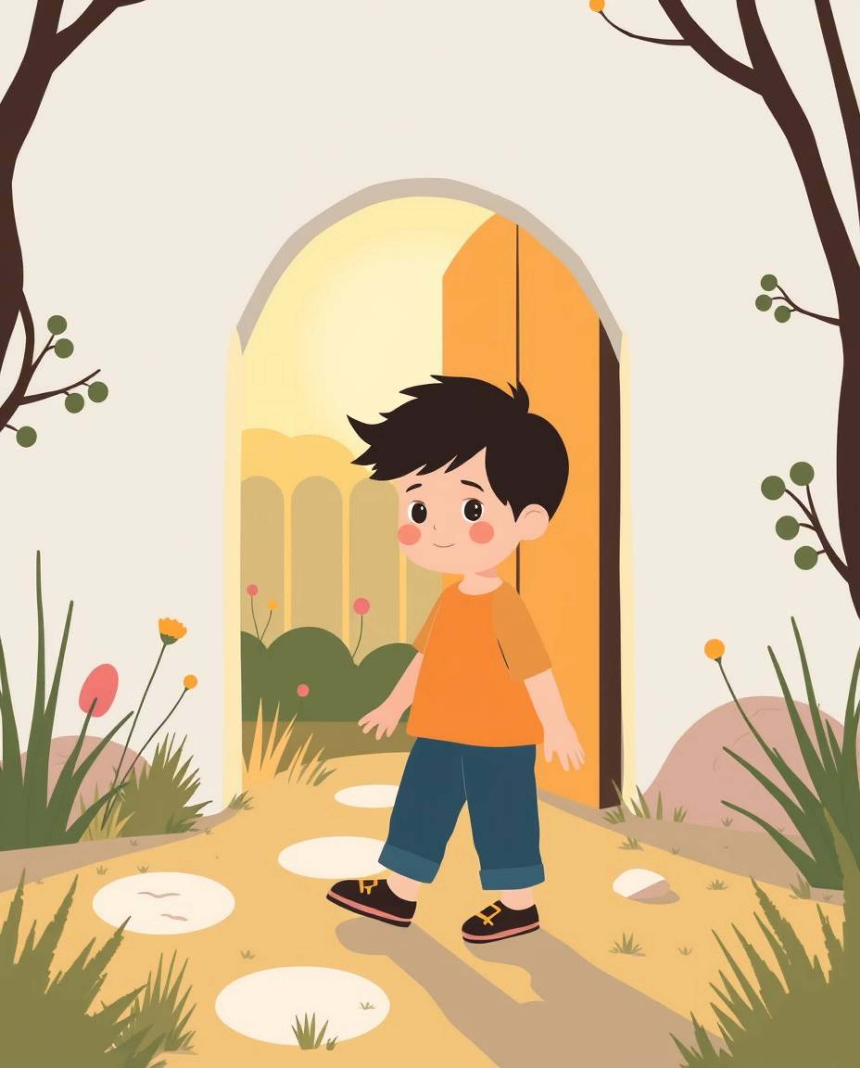 A captivating illustration showcases a child encountering a magical portal in their backyard.  Rendered in a modern flat desi
