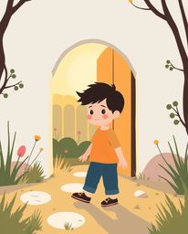A captivating illustration showcases a child encountering a magical portal in their backyard. Rendered in a modern flat desi