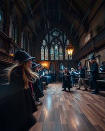 Explore an enchanting magical school through extreme macro close-up and long exposure photography, capturing young wizards an