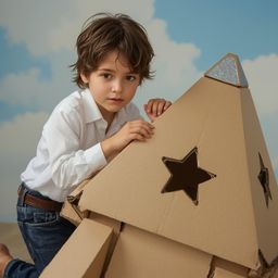 Exquisite high-fashion photography captures a young boy with bright eyes building an intricately designed cardboard spaceship