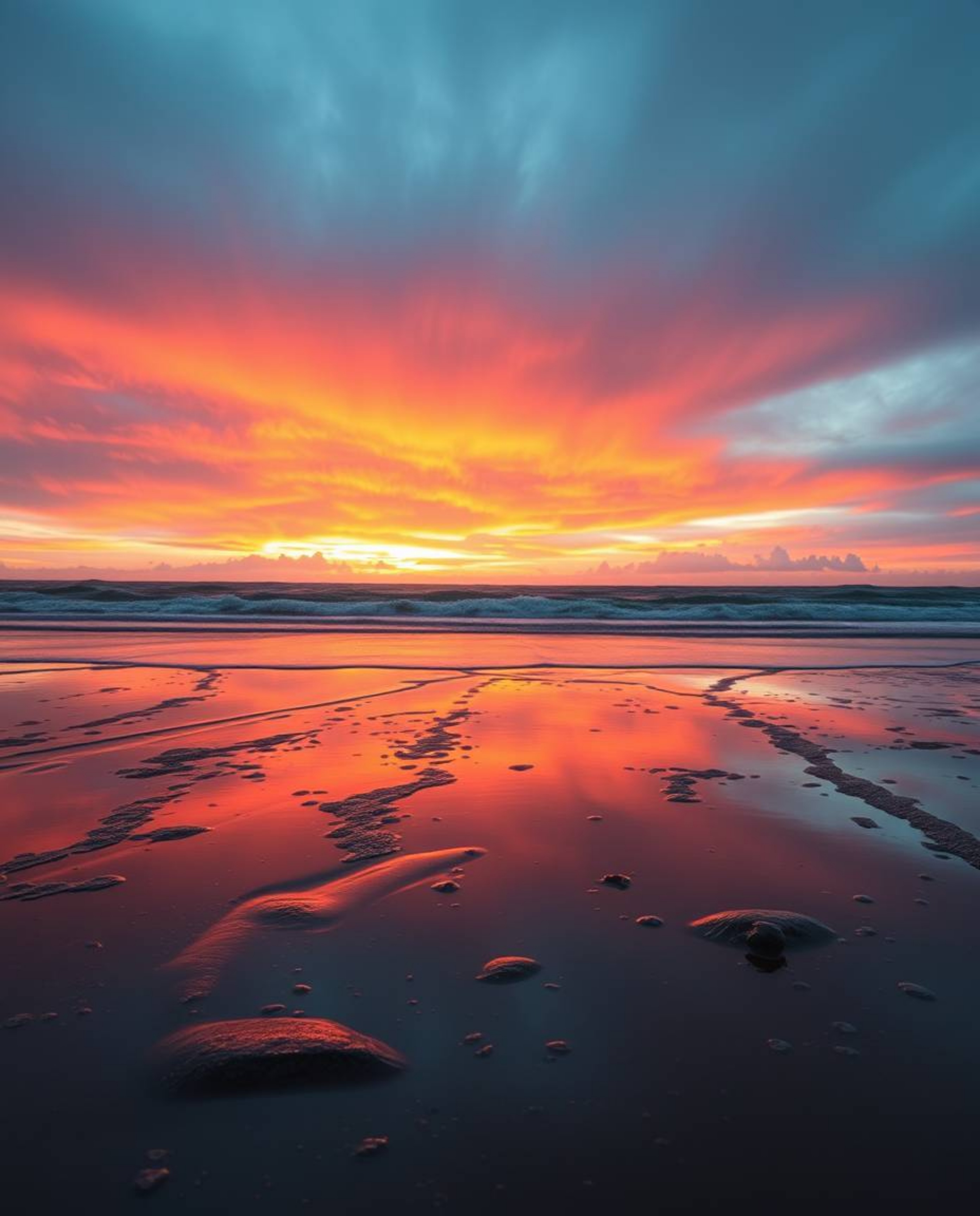 A wet, rainy scene captures a rich, deep teal sunset sky mirrored in tidal pools on a beach. This luxurious and vibrant image