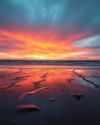 A wet, rainy scene captures a rich, deep teal sunset sky mirrored in tidal pools on a beach. This luxurious and vibrant image