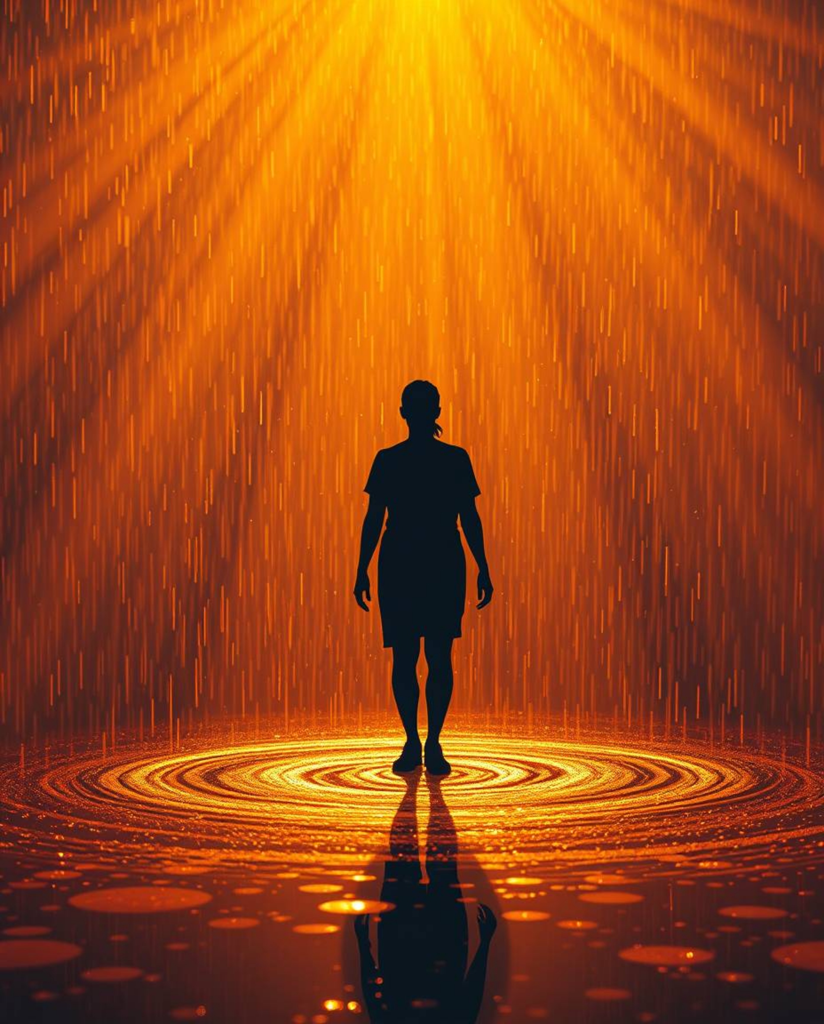 Immerse yourself in a world of radiant beauty with a warm golden glow illuminating a rainy scene. Witness the captivating spe
