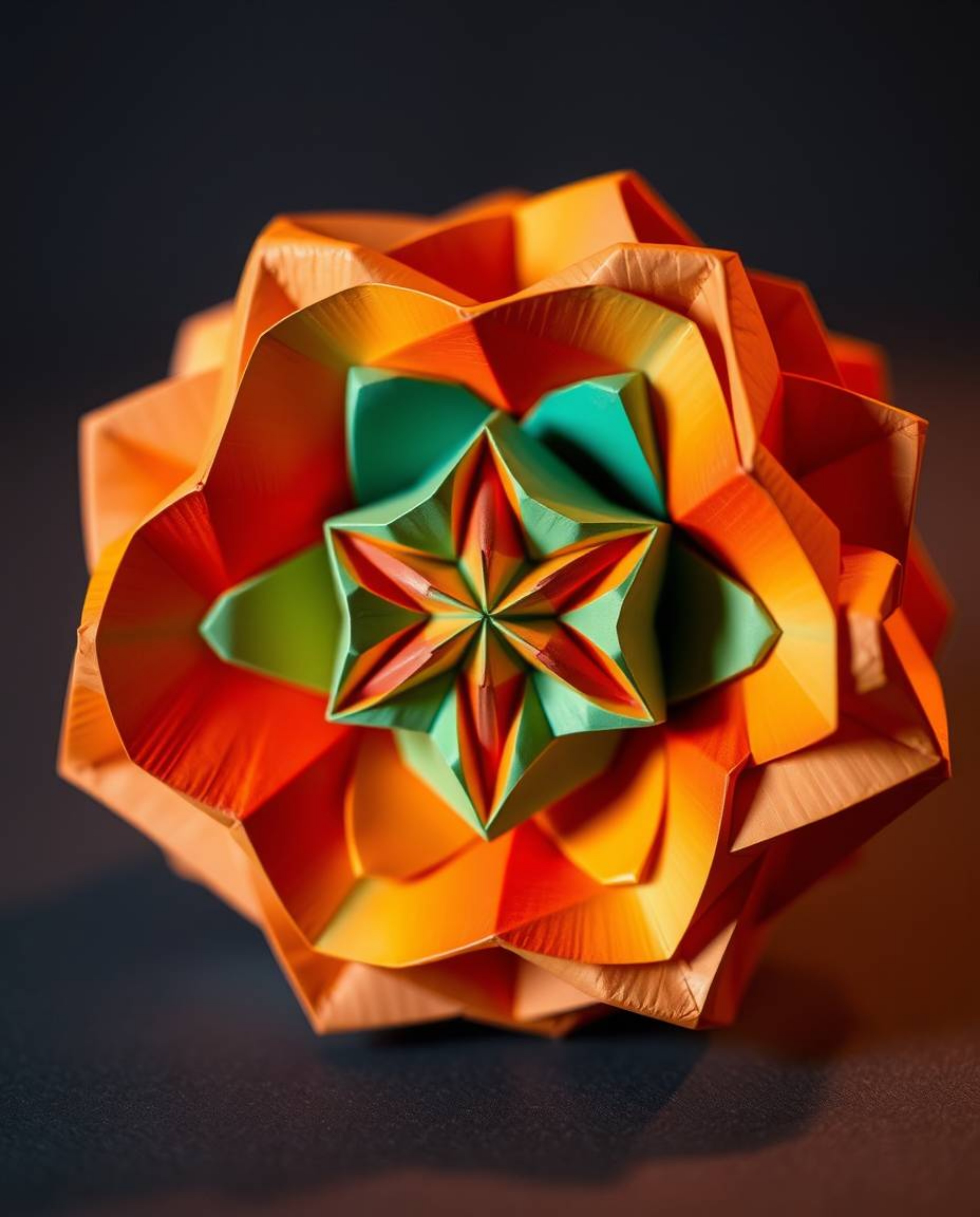 This image showcases a striking 3D geometric pattern reminiscent of folded paper.  The artwork utilizes a layered papier-mâch