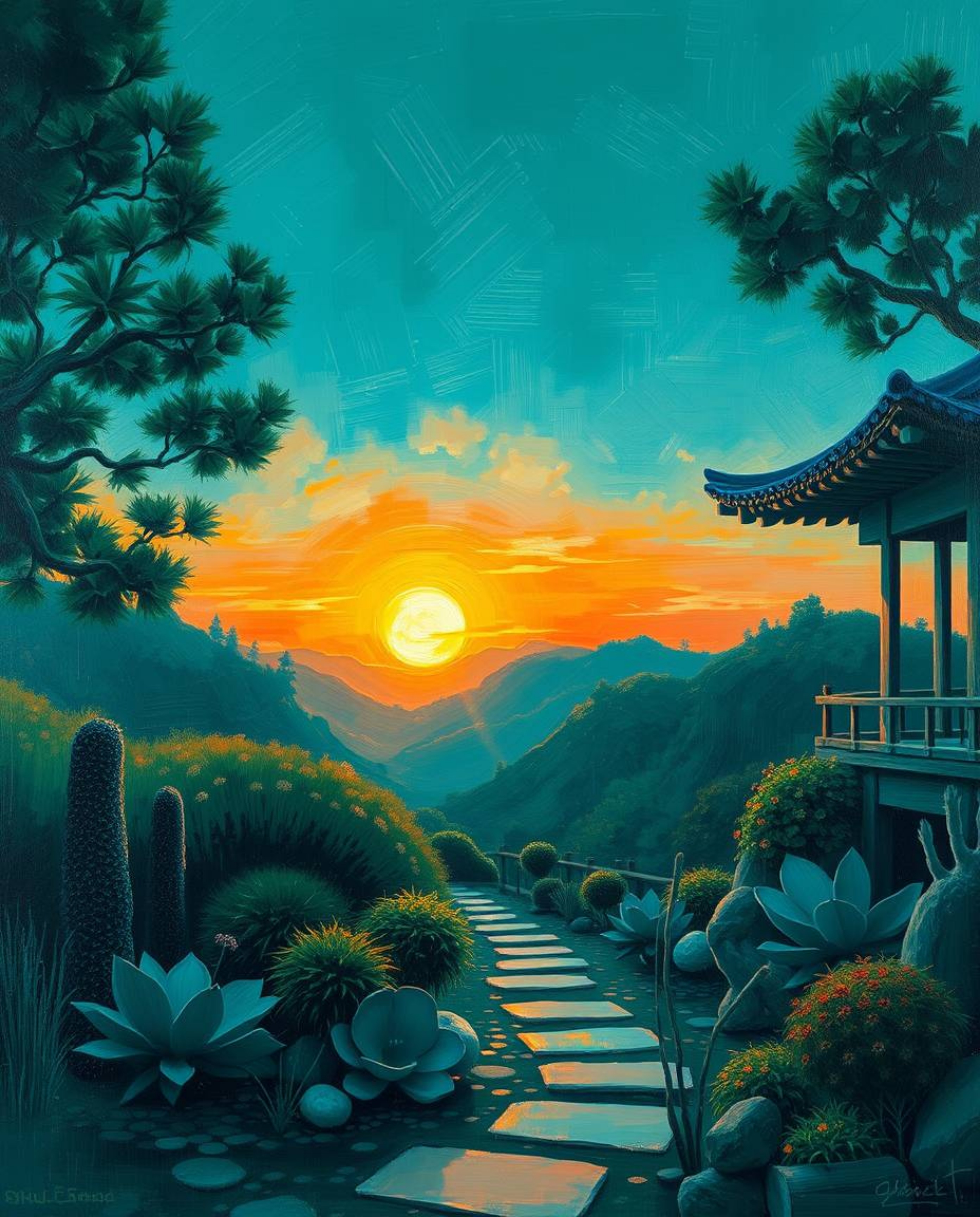 Experience a serene Zen garden at sunset, masterfully captured in a classic oil painting. This artwork is distinguished by it