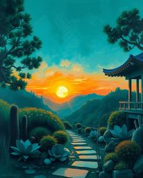 Experience a serene Zen garden at sunset, masterfully captured in a classic oil painting. This artwork is distinguished by it