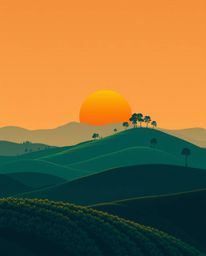 A modern flat design illustration of a sunset over terraced tea plantations. This artwork utilizes simple two-dimensional sha