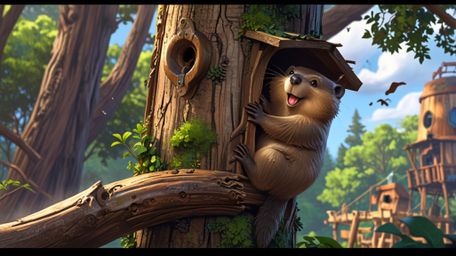 A heartwarming scene in a detailed Pixar style animation features a diligent beaver constructing the perfect treehouse as a s