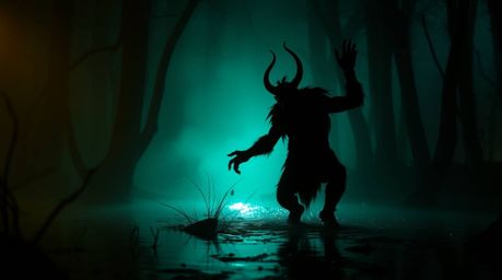A captivating image of a silhouetted ogre dancing in a swamp.  Rich, deep teal backlighting creates a luxurious and vibrant s
