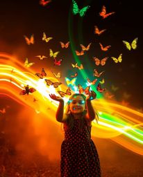 A mesmerizing long exposure photograph capturing a girl releasing butterflies into the air, rendered in electric vivid colors