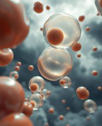 This stunning 3D render showcases translucent, fluid organic blobs gracefully floating against a dramatic stormy sky. The clo