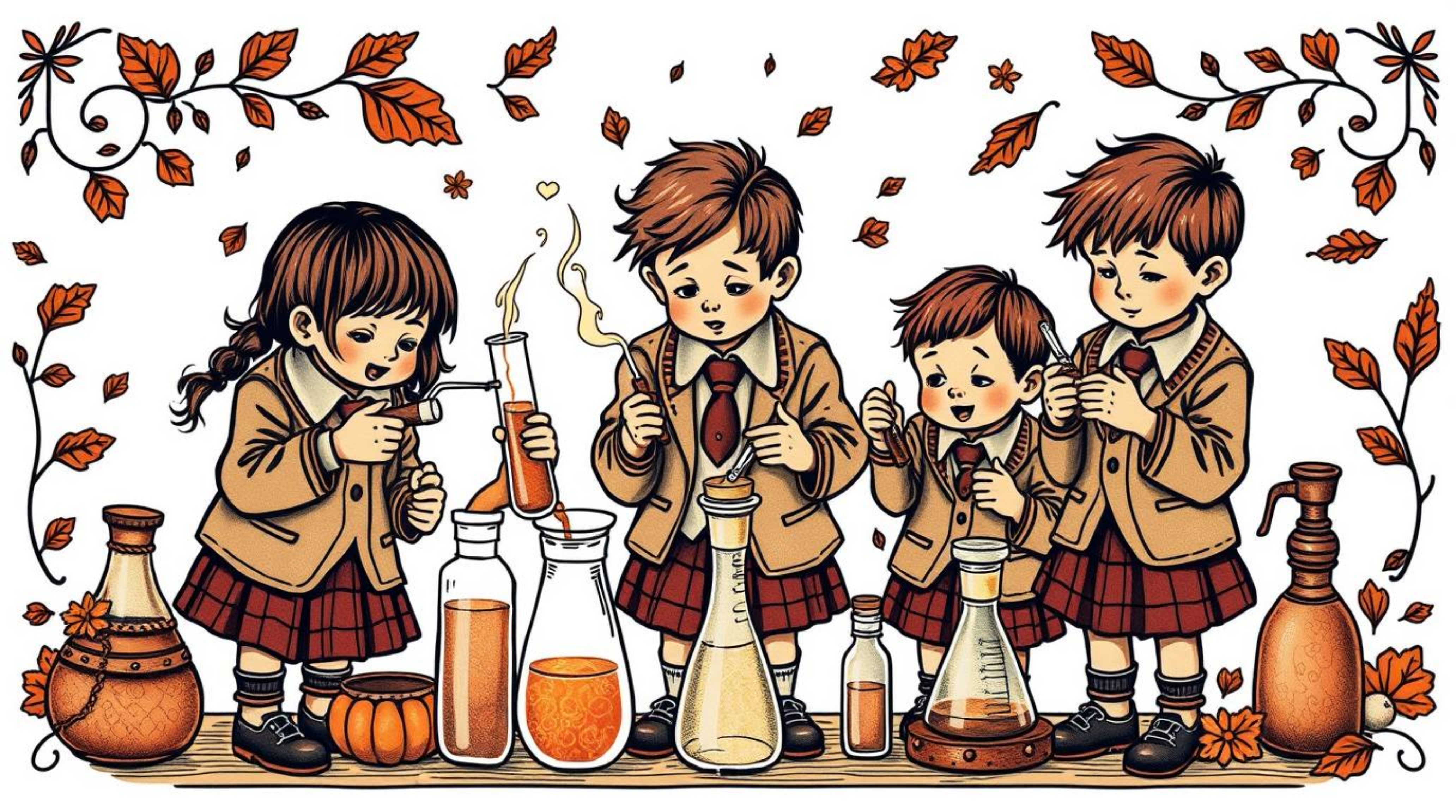A unique, traditional tattoo-style print features a group of quirky children in school uniforms conducting whimsical experime