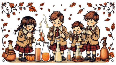 A unique, traditional tattoo-style print features a group of quirky children in school uniforms conducting whimsical experime