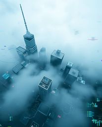 Explore a distorted and glitchy digital landscape from a bird's eye perspective, featuring warped skyscrapers and heavy stati