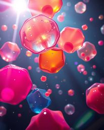 Experience a dramatic and captivating cinematic style image featuring floating 3D blobs of fluid jelly, bursting with vibrant