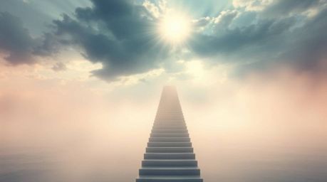 A captivating image depicting a soft pastel-colored staircase dramatically rising from the ocean towards a stormy sky, illumi