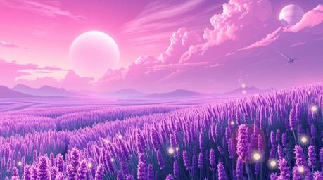 Immerse yourself in a futuristic sci-fi landscape featuring lavender fields bathed in the soft glow of a dreamy pink sky. Thi