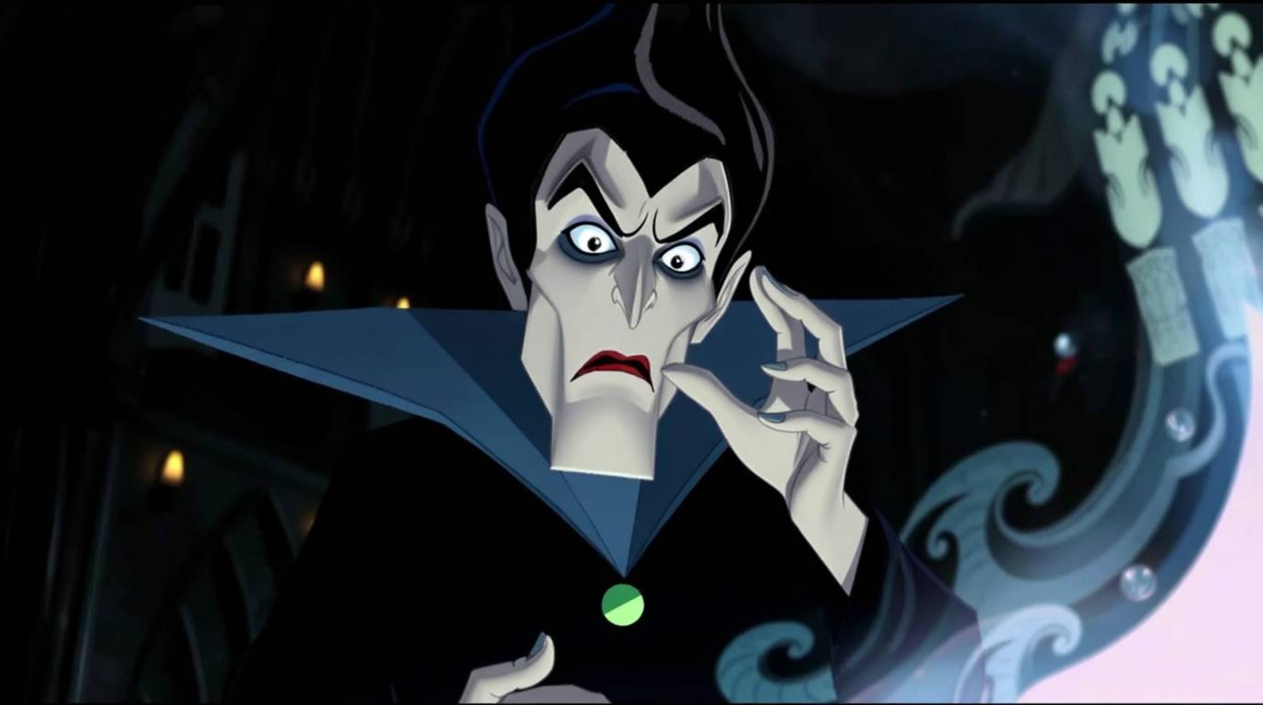 A classic Disney villain with sharp features and dark eyes casts a spell within a gothic castle bathed in cinematic lighting.