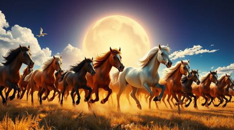 This stunning digital artwork captures a herd of wild horses running under a glowing sky, divided into distinct sections with