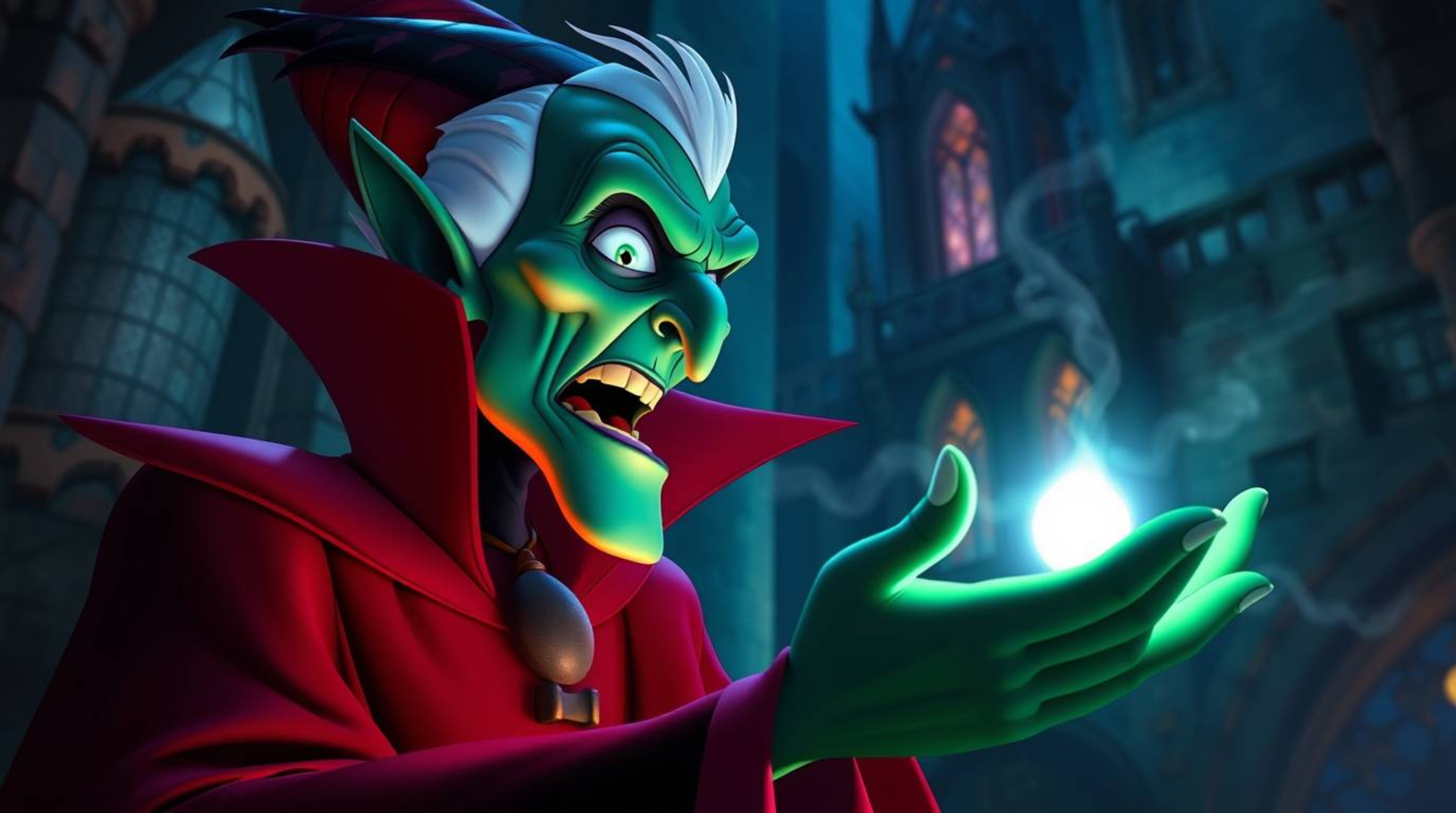 A classic Disney villain, with sharp features and vibrant, bioluminescent skin, casts a spell within the walls of an ancient 