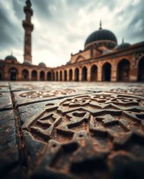 Explore the captivating world of Islamic geometric patterns meticulously carved in stone, captured in a professional, warm, a